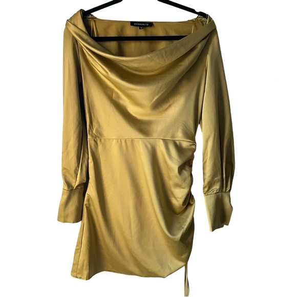 Dynamite cowl neck  long sleeve satin cocktail dress with drawstring side XS - Picture 2 of 6